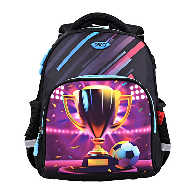 Ghiozdan gradinita baieti, negru imprimeu cupa fotbal, 33 cm Daco
