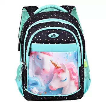 Ghiozdan fete clasa 0, negru turcoaz, imprimeu unicorn Ecada 614005-1