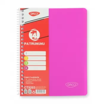 Caiet cu spira A5 si coperta plastic, 4 subiecte, 120 file, hartie 70g/m2 Daco CT5203-6