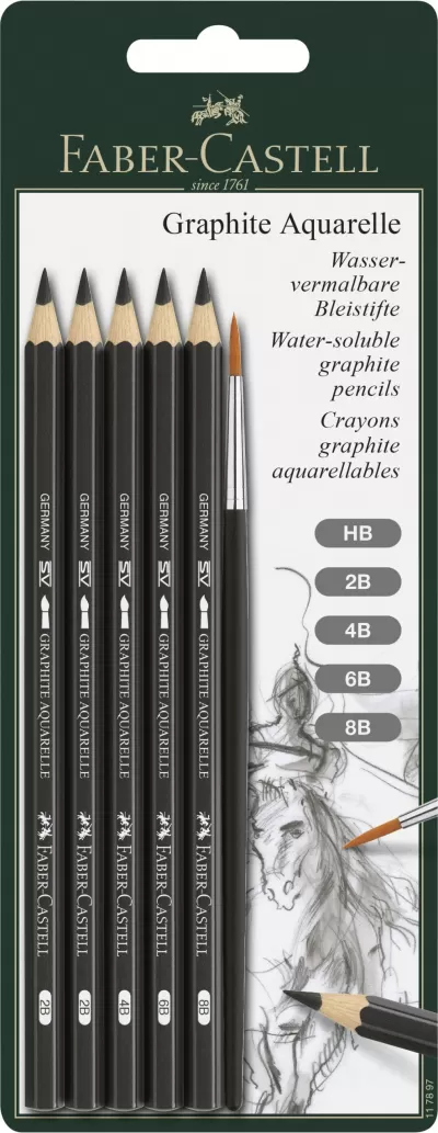 Blister 6 buc creion grafit aquarelle + pensula Faber-Castell-img