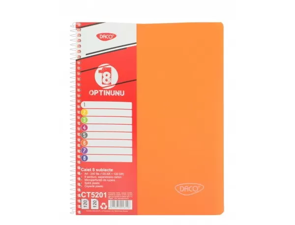 Caiet studentesc cu spira si coperta plastic 8 subiecte, 240 file, hartie 70g/m2 Daco CT5201-5-IMG-slider