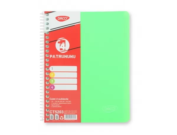 Caiet cu spira A5 si coperta plastic, 4 subiecte, 120 file, hartie 70g/m2 Daco CT5203-7-IMG-slider