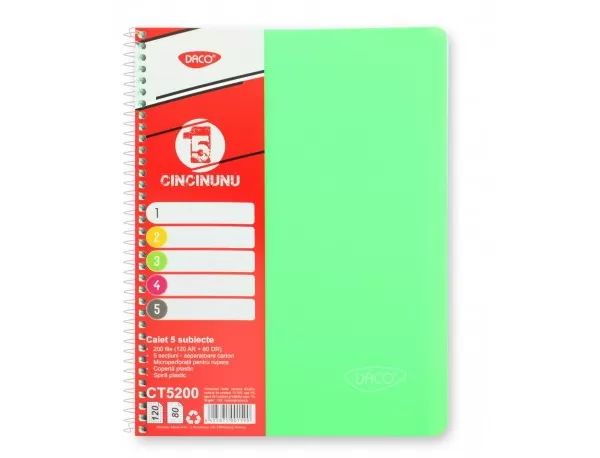 Caiet studentesc cu spira si coperta plastic 5 subiecte, 200 file, hartie 70g/m2 Daco CT5200-6-IMG-slider