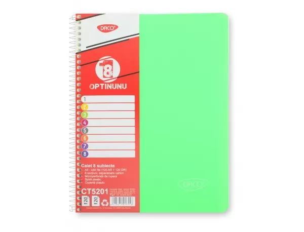 Caiet studentesc cu spira si coperta plastic 8 subiecte, 240 file, hartie 70g/m2 Daco CT5201-7-IMG-slider