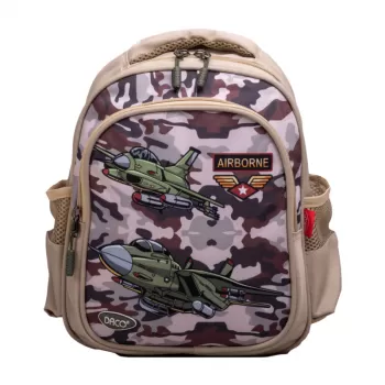 Ghiozdan gradinita, baieti, crem, imprimeu camuflaj avion de lupta, 30 cm Daco GH290-1