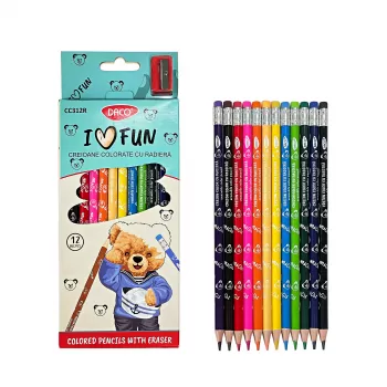 Creioane colorate 12 culori, corp rotund cu radiera Daco CC312R-1
