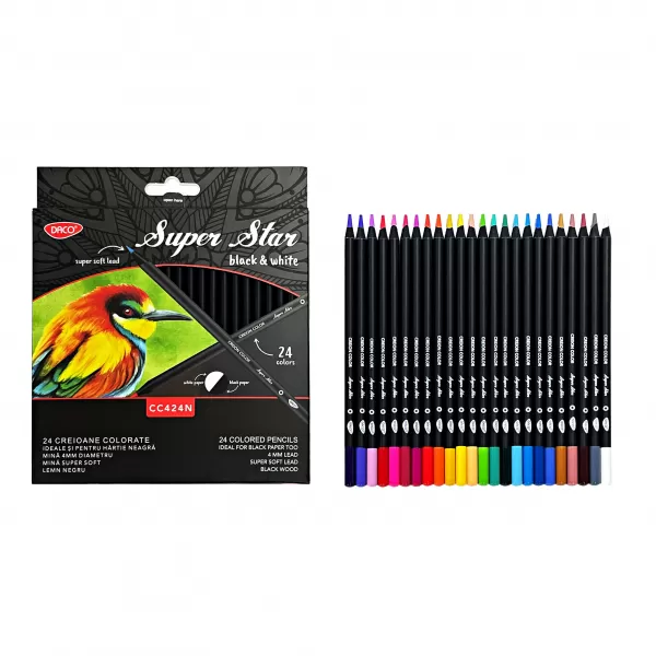 Creioane colorate 24 culori, lemn negru Black & White Daco CC424N-1-IMG-slider