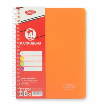 Caiet cu spira A5 si coperta plastic, 4 subiecte, 120 file, hartie 70g/m2 Daco CT5203-5