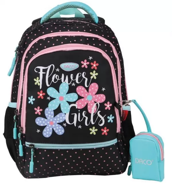 Ghiozdan şcolar fete negru, imprimeu flori, clasa pregătitoare, 38 cm  DACO GH339-1-IMG-slider