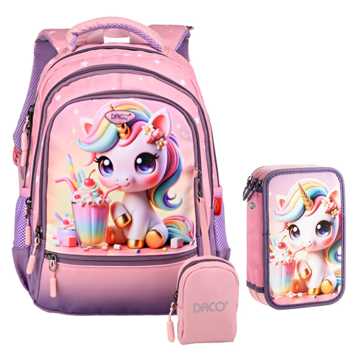 Ghiozdan clasa 0 cu penar echipat, imprimeu unicorn Daco