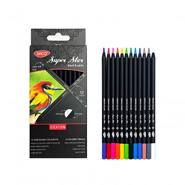 Creioane colorate 12 culori, lemn negru Black&White Daco CC412N-1-IMG-slider
