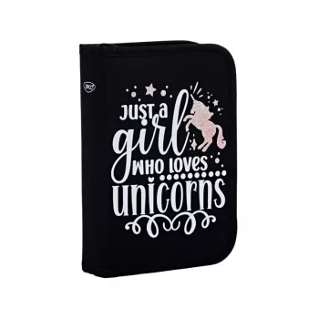Penar fete cu 2 extensii, negru, imprimeu Just a girl who loves Unicorns Daco PE1949-1
