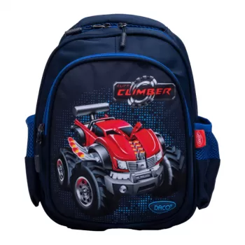 Ghiozdan gradinita, baieti, albastru, imprimeu monster truck, 30 cm Daco GH289-1