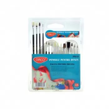 Pensule pictura set 15 bucati cu paleta acuarela din plastic Daco PN15-1