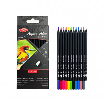 Creioane colorate 12 culori, lemn negru Black&White Daco CC412N-img
