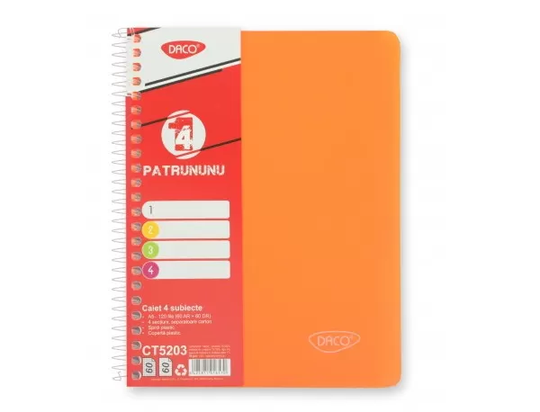 Caiet cu spira A5 si coperta plastic, 4 subiecte, 120 file, hartie 70g/m2 Daco CT5203-5-IMG-slider