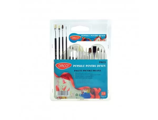 Pensule pictura set 15 bucati cu paleta acuarela din plastic Daco PN15-1-IMG-slider