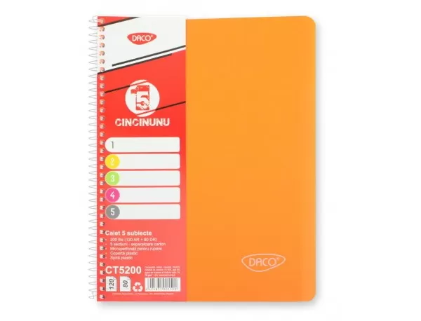 Caiet studentesc cu spira si coperta plastic 5 subiecte, 200 file, hartie 70g/m2 Daco CT5200-10-IMG-slider
