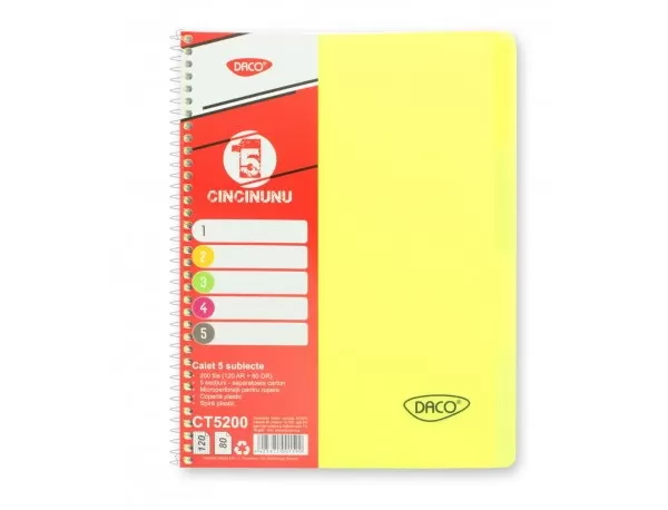 Caiet studentesc cu spira si coperta plastic 5 subiecte, 200 file, hartie 70g/m2 Daco CT5200-4-IMG-slider