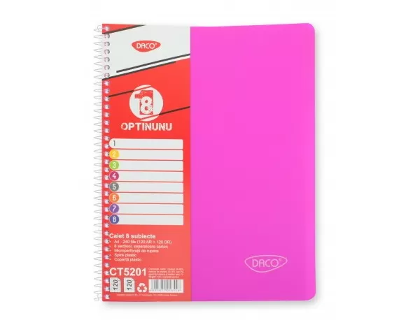 Caiet studentesc cu spira si coperta plastic 8 subiecte, 240 file, hartie 70g/m2 Daco CT5201-6-IMG-slider