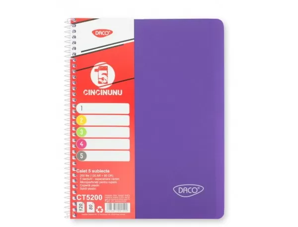 Caiet studentesc cu spira si coperta plastic 5 subiecte, 200 file, hartie 70g/m2 Daco CT5200-2-IMG-slider