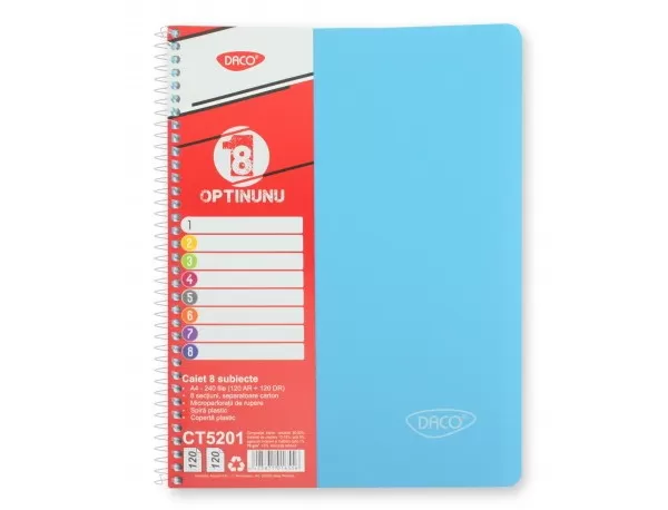 Caiet studentesc cu spira si coperta plastic 8 subiecte, 240 file, hartie 70g/m2 Daco CT5201-2-IMG-slider