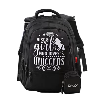 Ghiozdan clasa pregatitoare, negru, imprimeu Just a Girl who lover Unicorns, 38 cm Daco GH3006-img