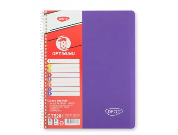Caiet studentesc cu spira si coperta plastic 8 subiecte, 240 file, hartie 70g/m2 Daco CT5201-4-IMG-slider