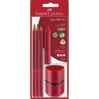 Blister grip family (3 creioane,radiera, ascutitoare) rosu faber-1