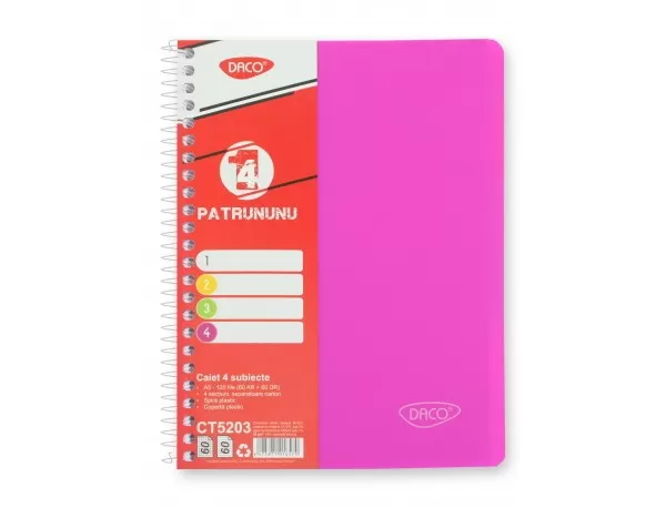 Caiet cu spira A5 si coperta plastic, 4 subiecte, 120 file, hartie 70g/m2 Daco CT5203-6-IMG-slider